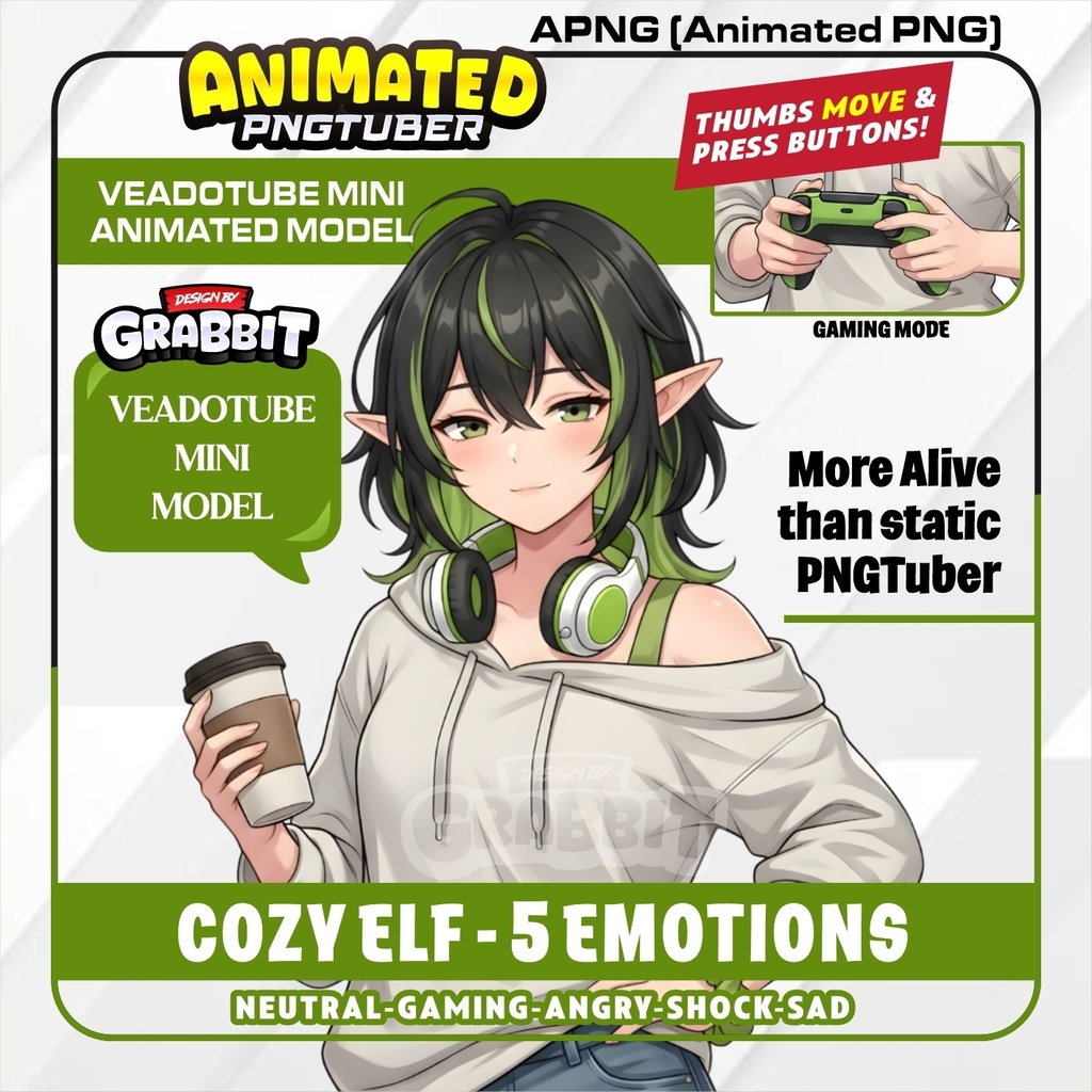 Animated PNGTuber Cozy Elf | 5 Emotions Include Gaming Mode | APNG Veadotube Mini Model | Anime Elf VTuber Avatar | Gaming PNG Tuber