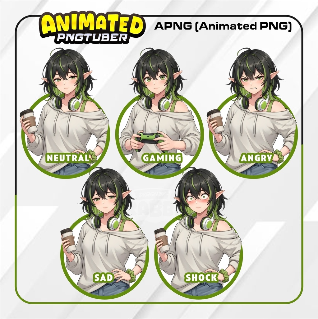 Animated PNGTuber Cozy Elf | 5 Emotions Include Gaming Mode | APNG Veadotube Mini Model | Anime Elf VTuber Avatar | Gaming PNG Tuber
