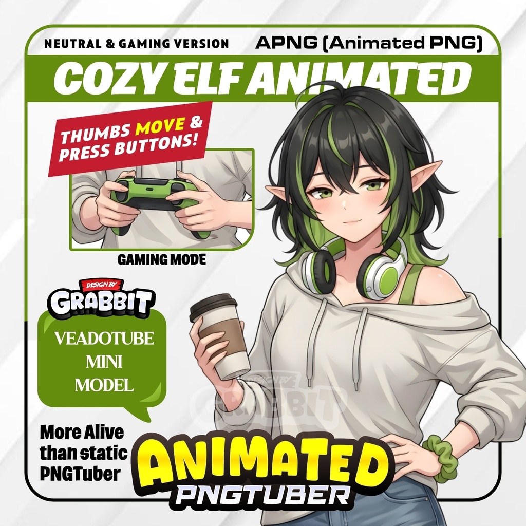 Cozy Elf Animated PNGTuber | Neutral & Gaming Version | APNG Veadotube Mini Model | Anime Elf VTuber Avatar | Gaming PNG Tuber
