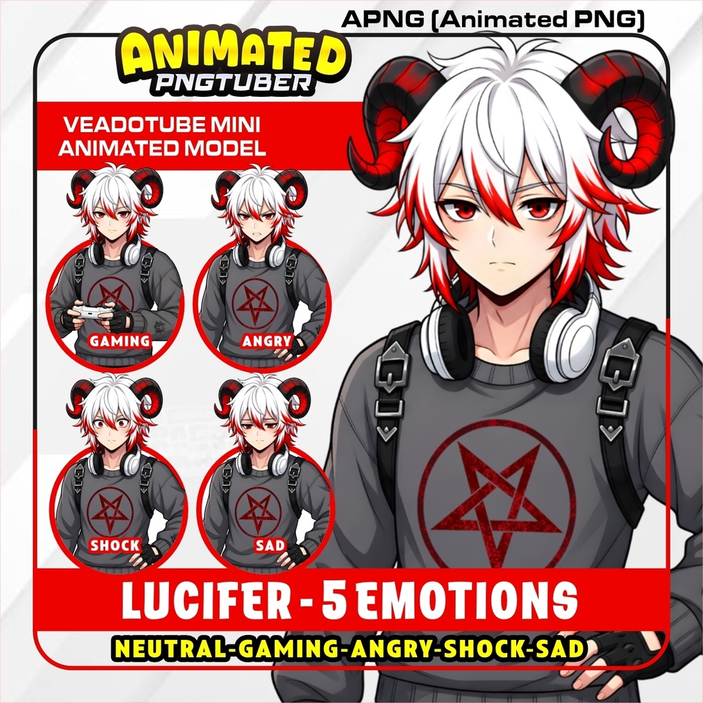 Animated PNGTuber Cozy Demon boy | 5 Emotions | APNG Veadotube Mini Model | Anime Devil VTuber Avatar | Gaming PNG Tuber