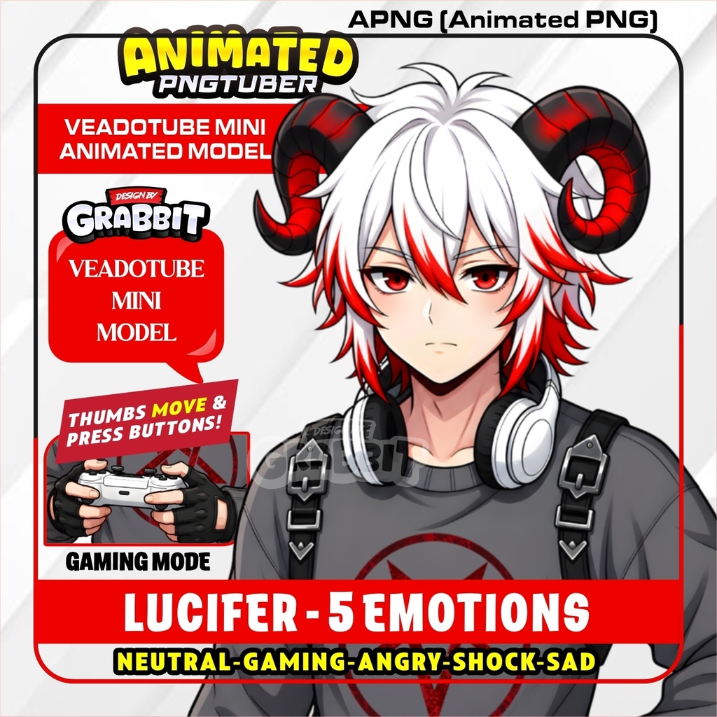 Animated PNGTuber Cozy Demon boy | 5 Emotions | APNG Veadotube Mini Model | Anime Devil VTuber Avatar | Gaming PNG Tuber