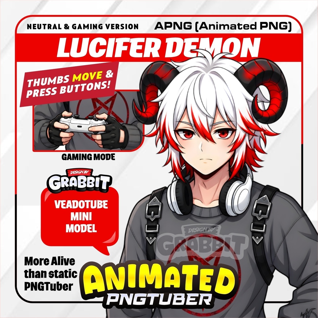 Demon Gamer Animated PNGTuber Model | Male Anime PNG Avatar | Gothic Gamer PNGTuber | Gaming Streamer Avatar | Veadotube