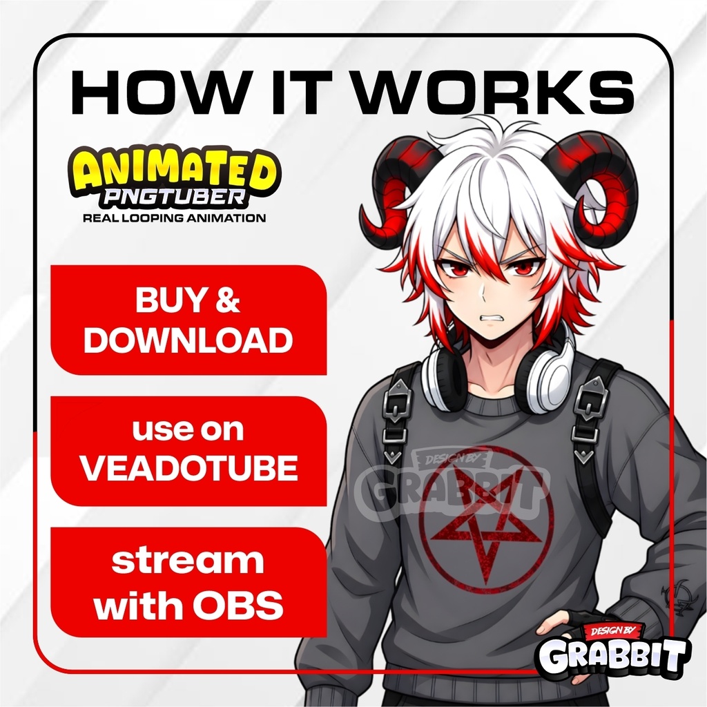 Demon Gamer Animated PNGTuber Model | Male Anime PNG Avatar | Gothic Gamer PNGTuber | Gaming Streamer Avatar | Veadotube