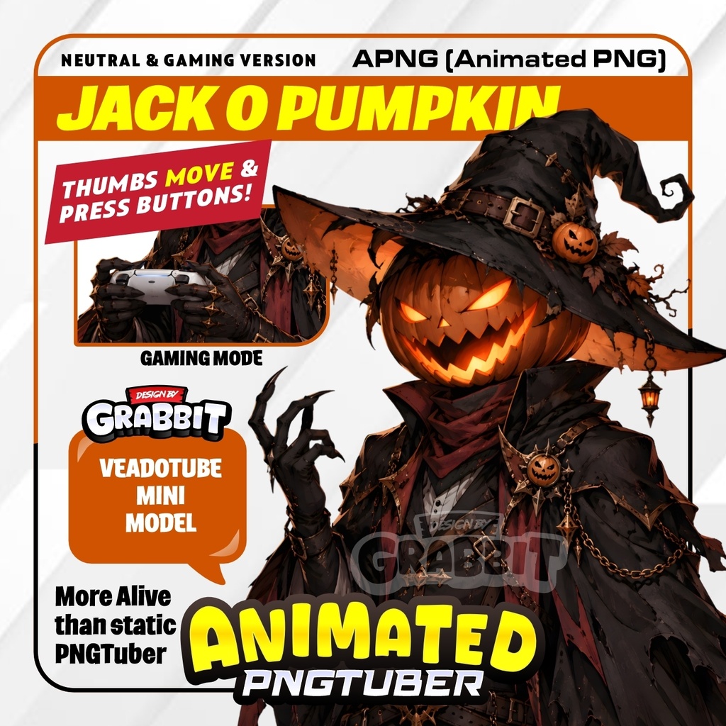 Halloween Animated PNG Tuber | Jack O Lantern VTuber Avatar | Neutral & Gaming APNG | Veadotube Mini Model | PNGTuber Halloween