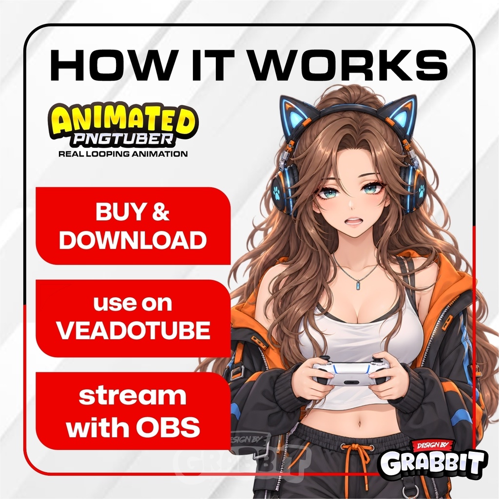Cozy Gamer Girl PNGTuber | Orange Black Gaming Avatar | Cute Cat Ear Headset PNG Tuber | Animated PNGTuber | Gamer Streamer Avatar