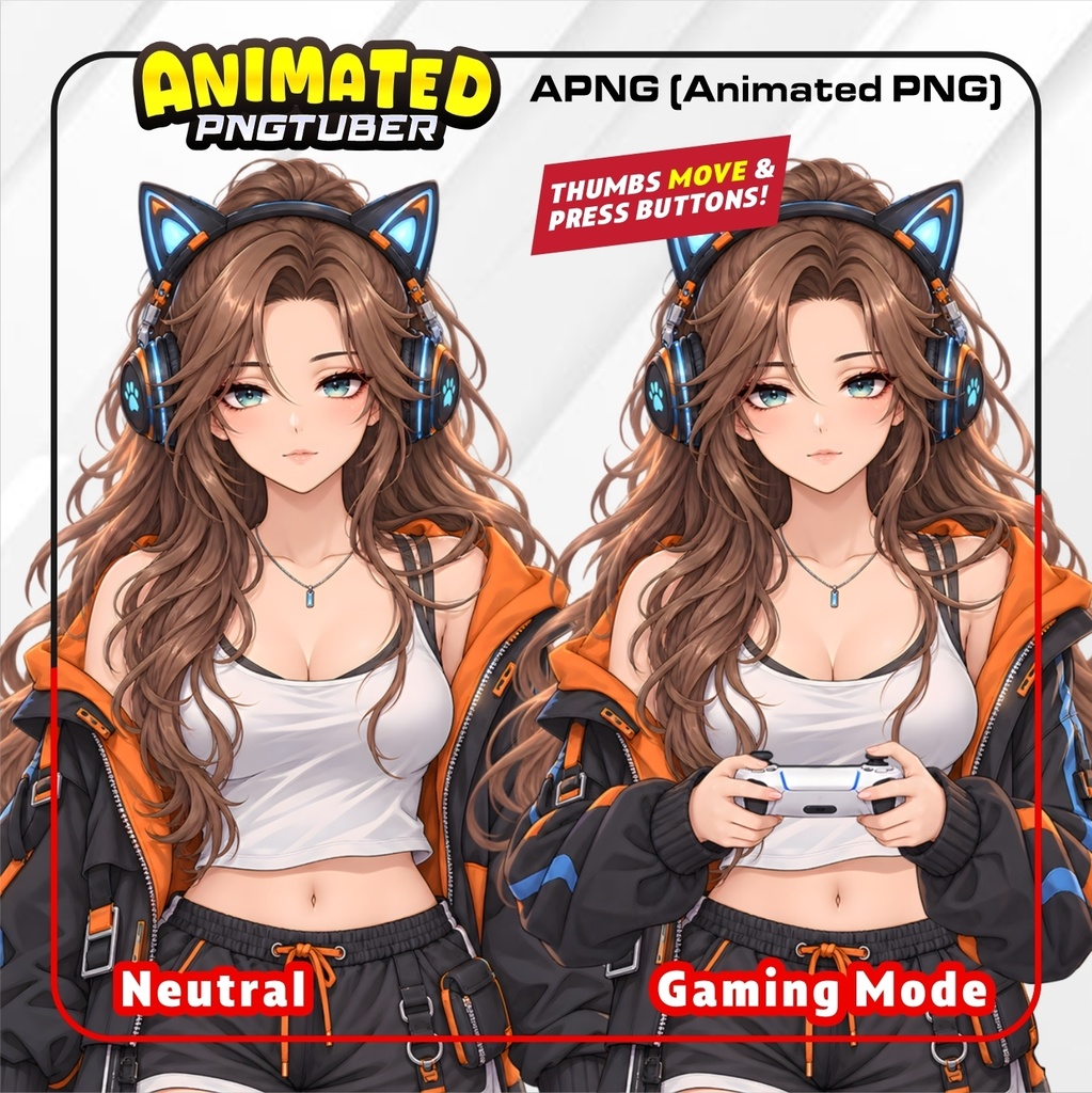 Cozy Gamer Girl PNGTuber | Orange Black Gaming Avatar | Cute Cat Ear Headset PNG Tuber | Animated PNGTuber | Gamer Streamer Avatar