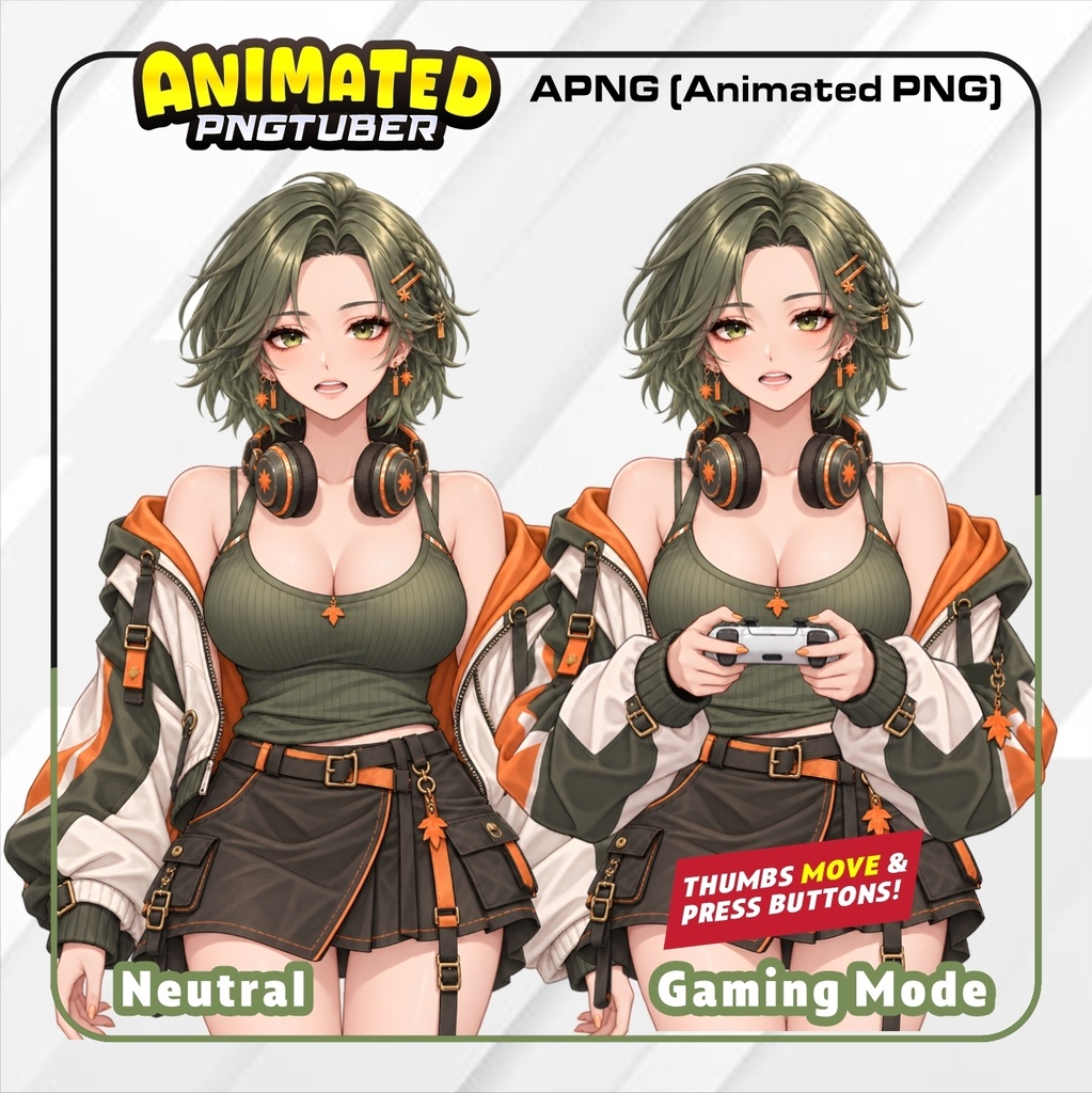 Jade Green Autumn Gamer PNGTuber | Cozy Fall Gaming model | Olive Green Orange vTuber | Animated PNG Tuber | Gamer Girl Avatar
