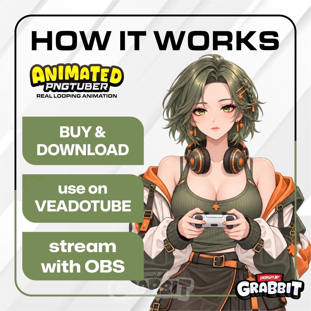 Jade Green Autumn Gamer PNGTuber | Cozy Fall Gaming model | Olive Green Orange vTuber | Animated PNG Tuber | Gamer Girl Avatar
