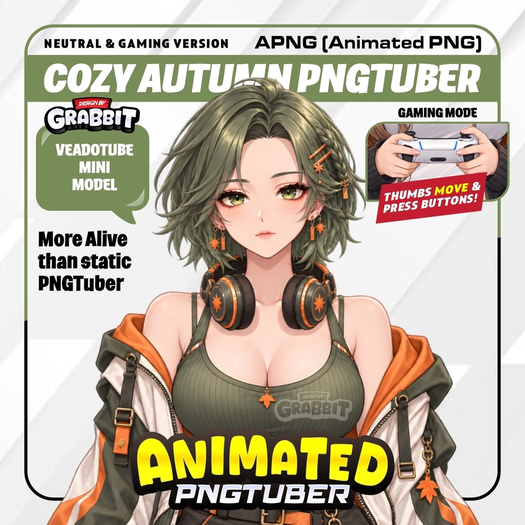 Jade Green Autumn Gamer PNGTuber | Cozy Fall Gaming model | Olive Green Orange vTuber | Animated PNG Tuber | Gamer Girl Avatar