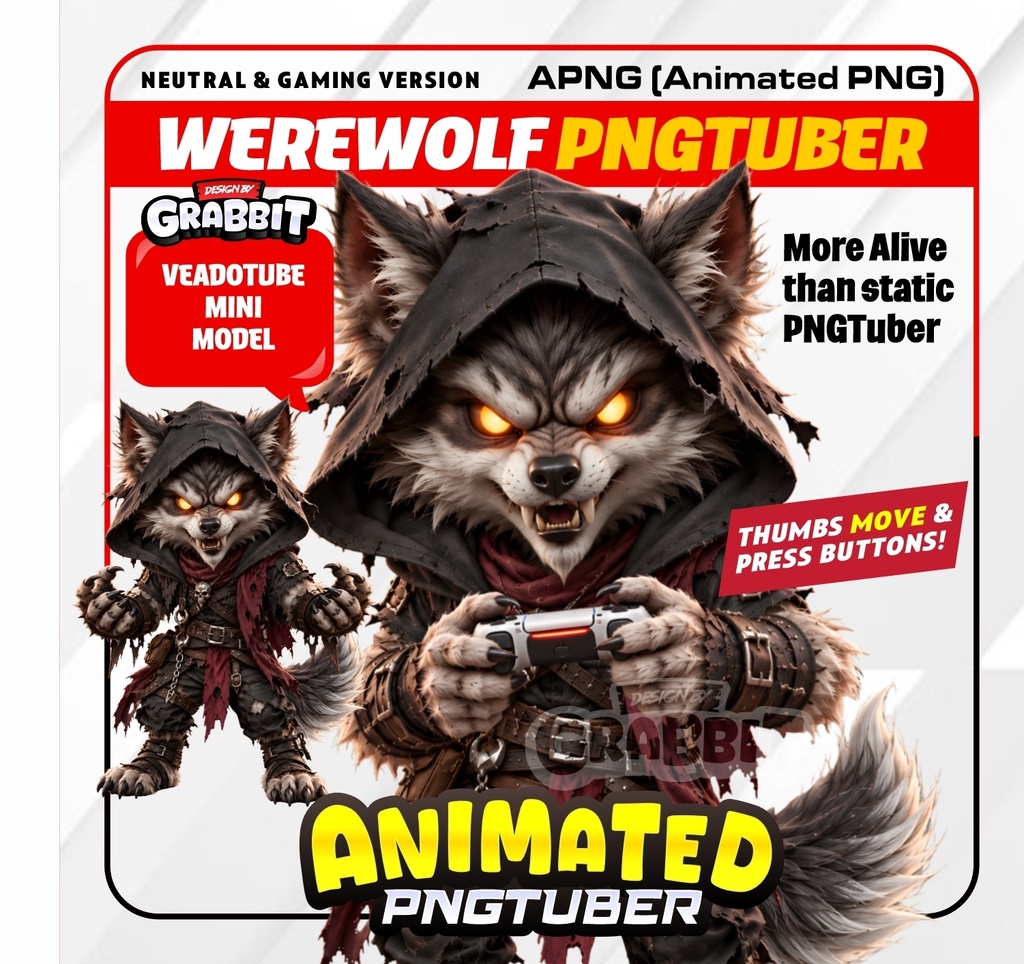 Werewolf PNGTuber Animated | Wolf VTuber Avatar | Veadotube Mini APNG | Gaming & Neutral Version | Halloween PNG tuber, Wolf Streamer