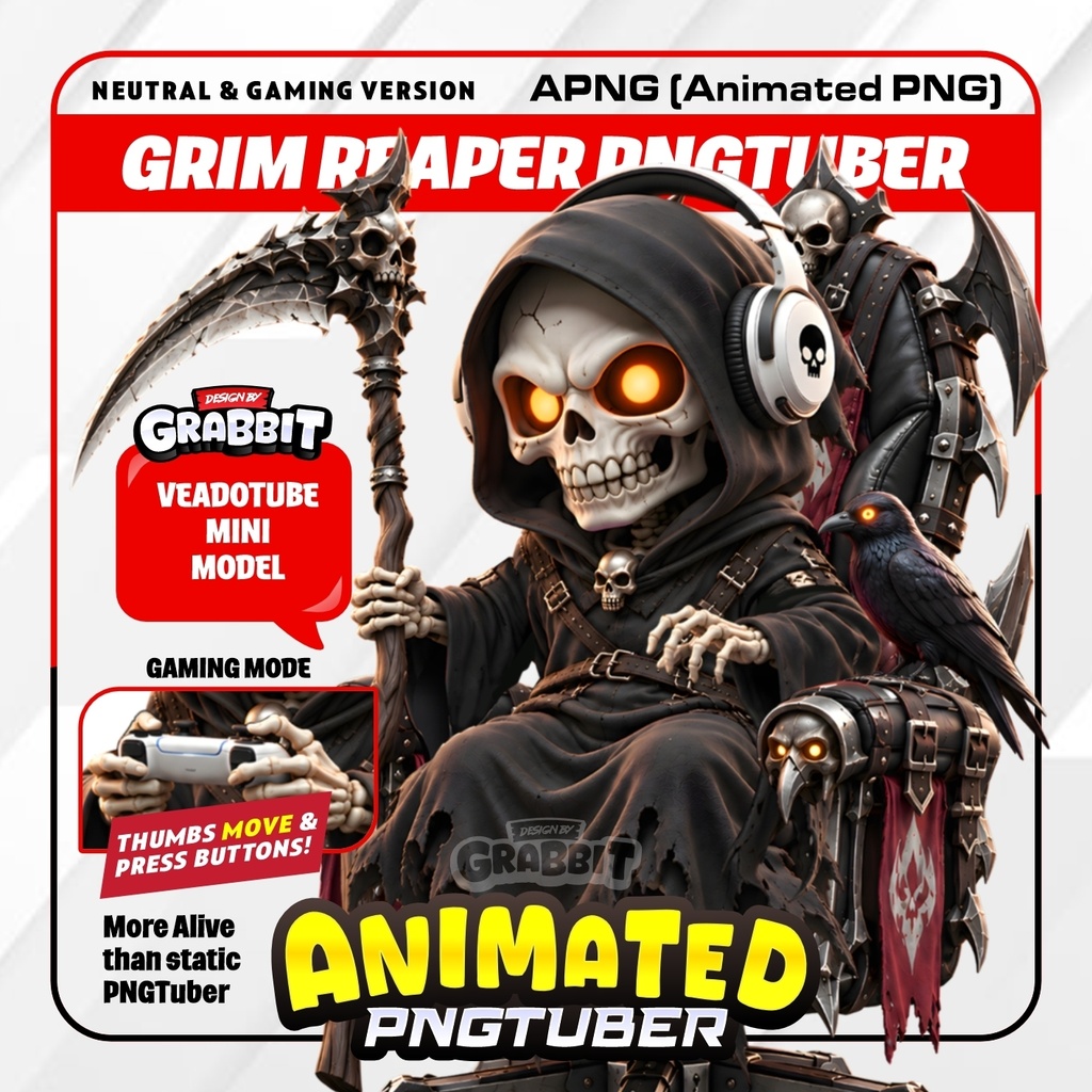 Grim Reaper PNGTuber Animated | Skeleton VTuber Avatar | Veadotube Mini APNG | Gaming & Neutral Version | Spooky Streamer Avatar