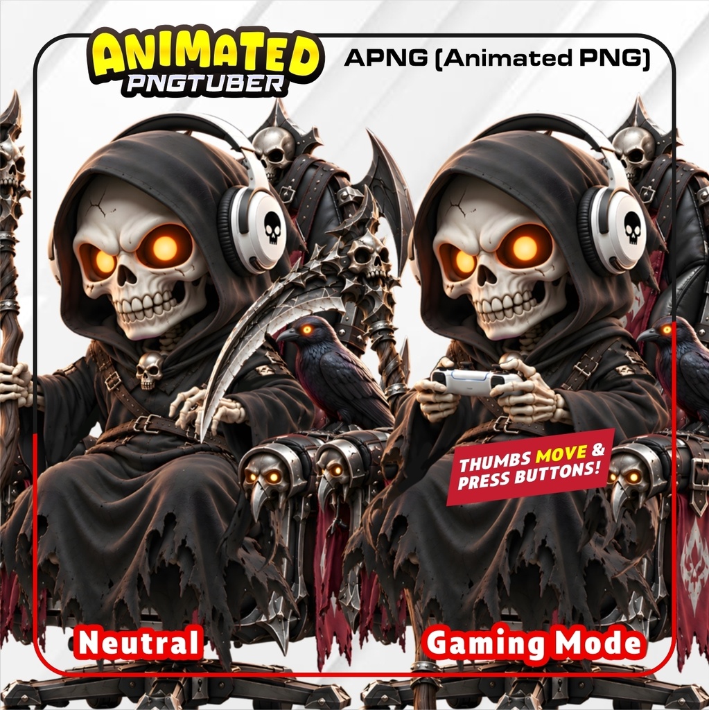 Grim Reaper PNGTuber Animated | Skeleton VTuber Avatar | Veadotube Mini APNG | Gaming & Neutral Version | Spooky Streamer Avatar