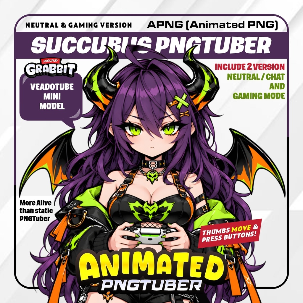 Animated Succubus PNGTuber, Purple Demon Girl APNG, Neon Green Anime Avatar, Gaming Streamer Model, Veadotube Mini