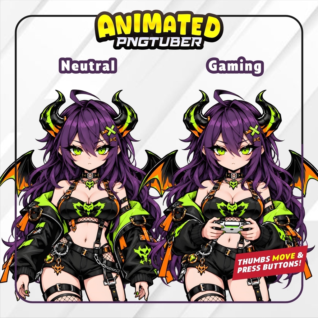 Animated Succubus PNGTuber, Purple Demon Girl APNG, Neon Green Anime Avatar, Gaming Streamer Model, Veadotube Mini