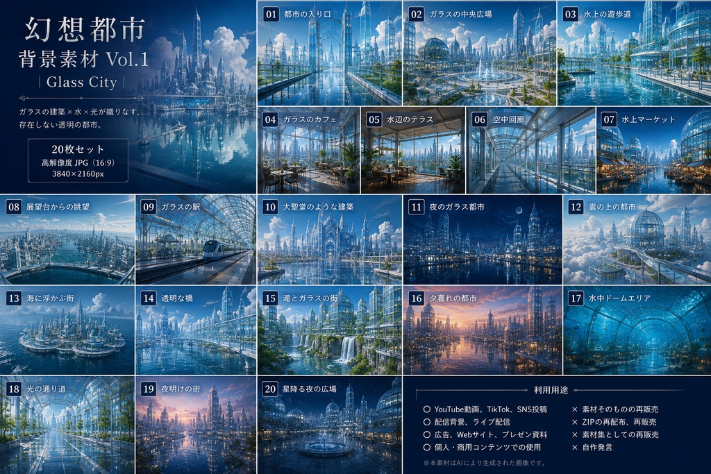 幻想都市 背景素材 Vol.1|Glass City|TRPG・ゲーム・配信・動画背景|16:9 PNG 20枚|商用利用OK