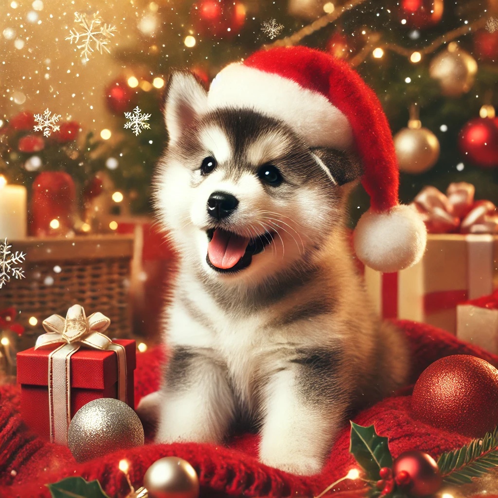 クリスマスを楽しむシベリアンハスキーたちのイラストシリーズ