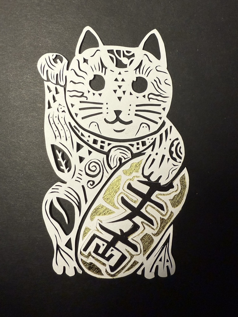 「財招きの逆紋猫」金運招き切り絵原画（再販あり）
