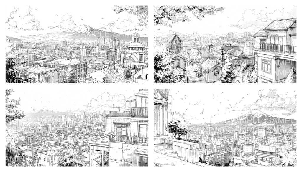 【漫画素材】遠景、学校、校庭、踏切の背景素材