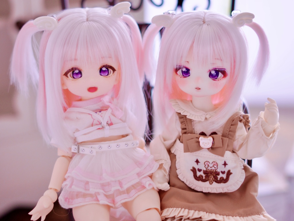 6〜7インチ. 7~8インチ即納ウィッグ【エンジェルツーサイドアップ】いちごみるく 羽根ヘアクリップ付き