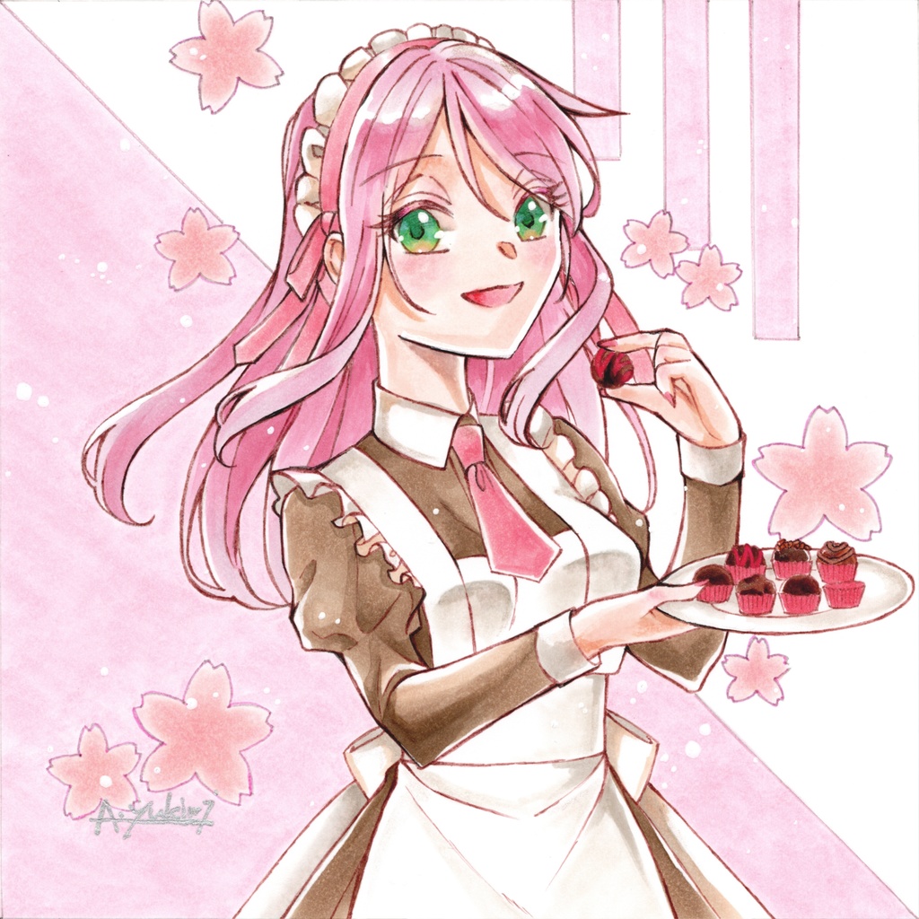 NEW アナログ原画◇春夏秋冬メイド(額縁)