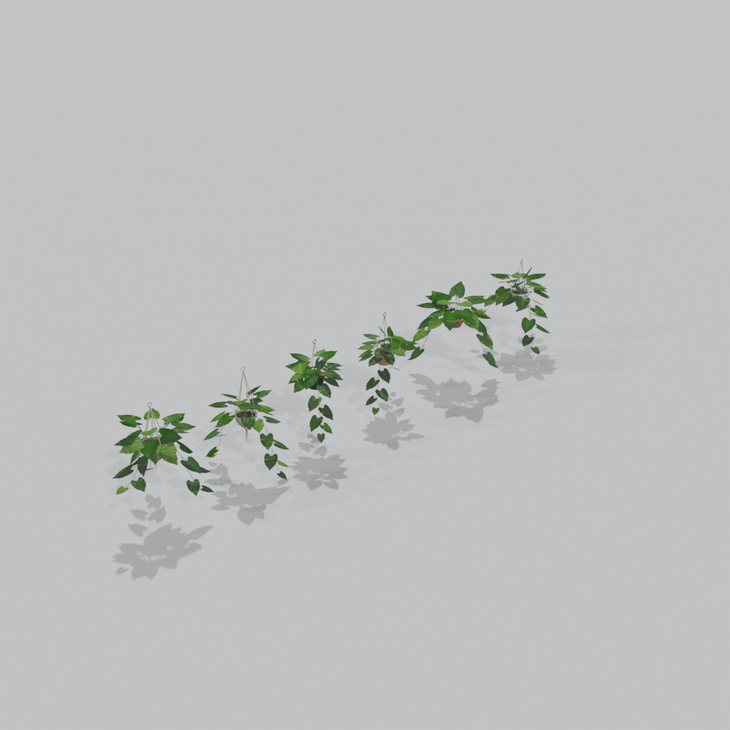 【3Dモデル】吊り下げハンギングプランター(ポトス)6種セット | 6 hanging planters with pothos vines trailing over the rim