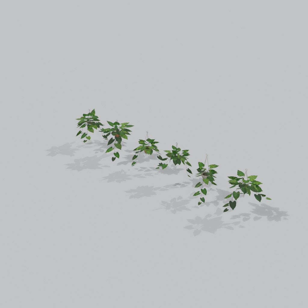 【3Dモデル】吊り下げハンギングプランター(ポトス)6種セット | 6 hanging planters with pothos vines trailing over the rim