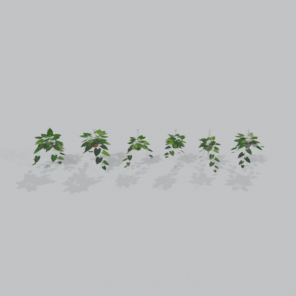【3Dモデル】吊り下げハンギングプランター(ポトス)6種セット | 6 hanging planters with pothos vines trailing over the rim