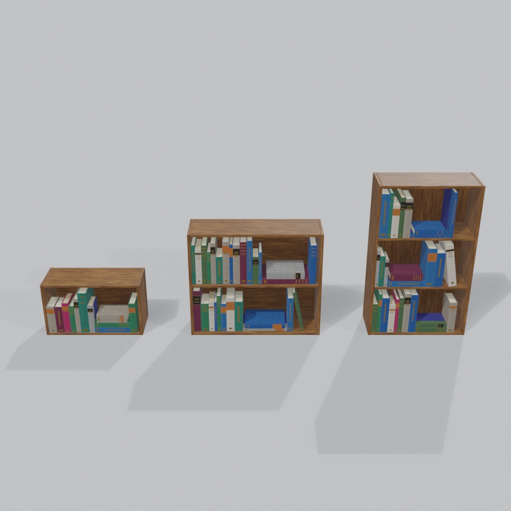 【3Dモデル】木製ウォールシェルフ&本 3種セット | 3 wooden wall shelves