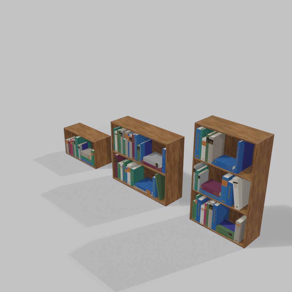 【3Dモデル】木製ウォールシェルフ&本 3種セット | 3 wooden wall shelves