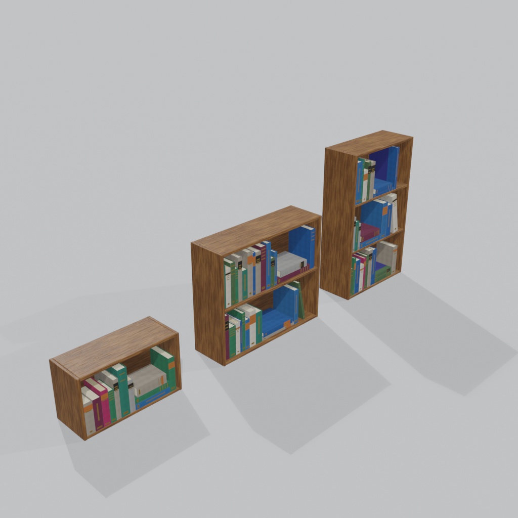 【3Dモデル】木製ウォールシェルフ&本 3種セット | 3 wooden wall shelves