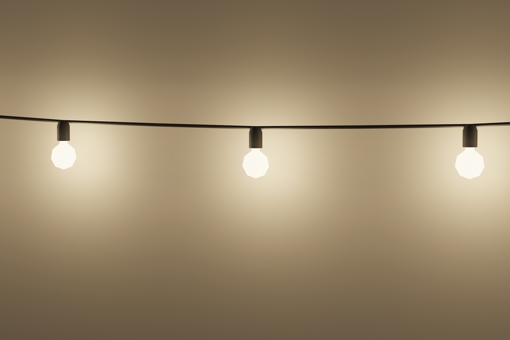 【3Dモデル】ガーランドライト&キャンドル 7種セット | 7 lighting props: 4 string lights (Edison bulbs 2 m / 3 m, globe bulbs color 2 m / warm 3 m) with sagging wires