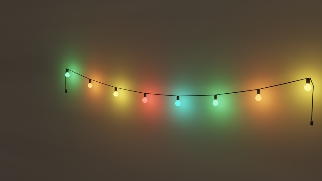 【3Dモデル】ガーランドライト&キャンドル 7種セット | 7 lighting props: 4 string lights (Edison bulbs 2 m / 3 m, globe bulbs color 2 m / warm 3 m) with sagging wires