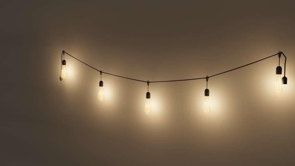 【3Dモデル】ガーランドライト&キャンドル 7種セット | 7 lighting props: 4 string lights (Edison bulbs 2 m / 3 m, globe bulbs color 2 m / warm 3 m) with sagging wires