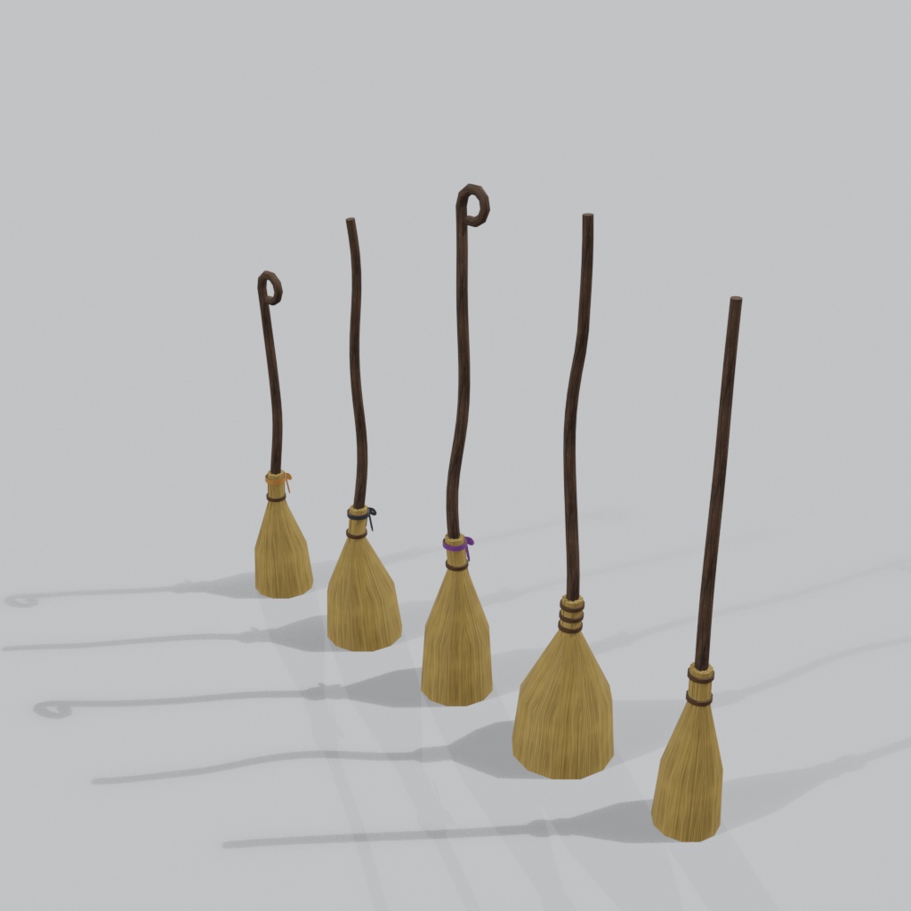 【3Dモデル】魔女のほうき 5種(手持ち小物) | 5 witch brooms with natural wood handles and straw bristles