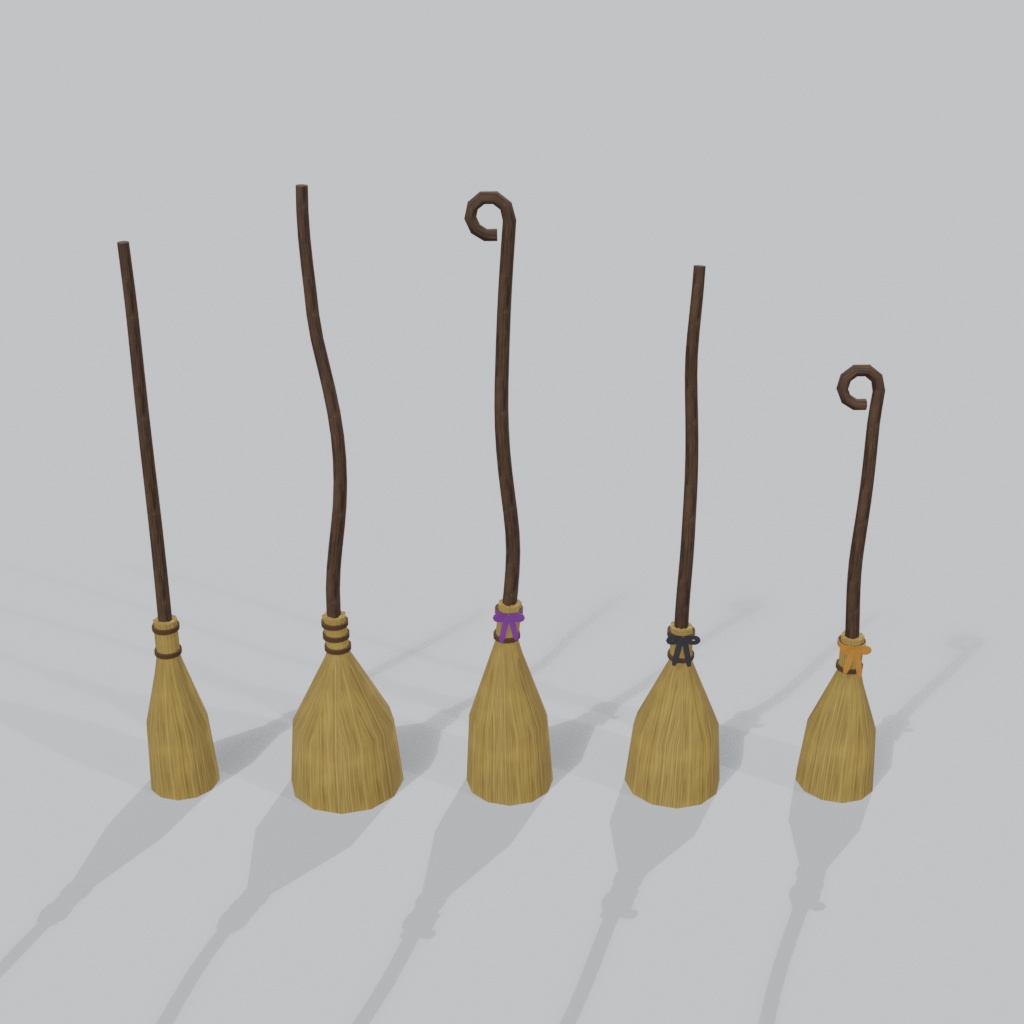 【3Dモデル】魔女のほうき 5種(手持ち小物) | 5 witch brooms with natural wood handles and straw bristles