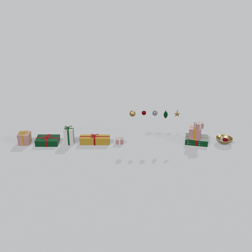 【3Dモデル】クリスマスプレゼントボックス&オーナメント 12種セット | Christmas set: 5 wrapped gift boxes 5 ornaments