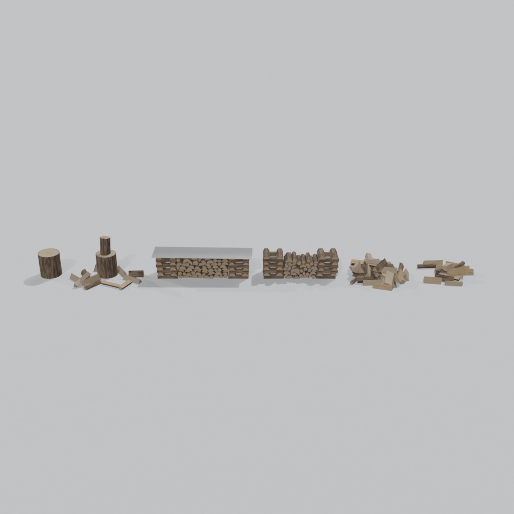 【3Dモデル】薪の山&薪割り台 6種セット | Firewood set