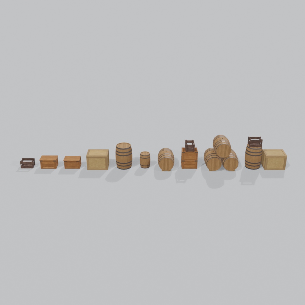 【3Dモデル】木箱&樽スタック 10種セット | Wooden crates and barrels