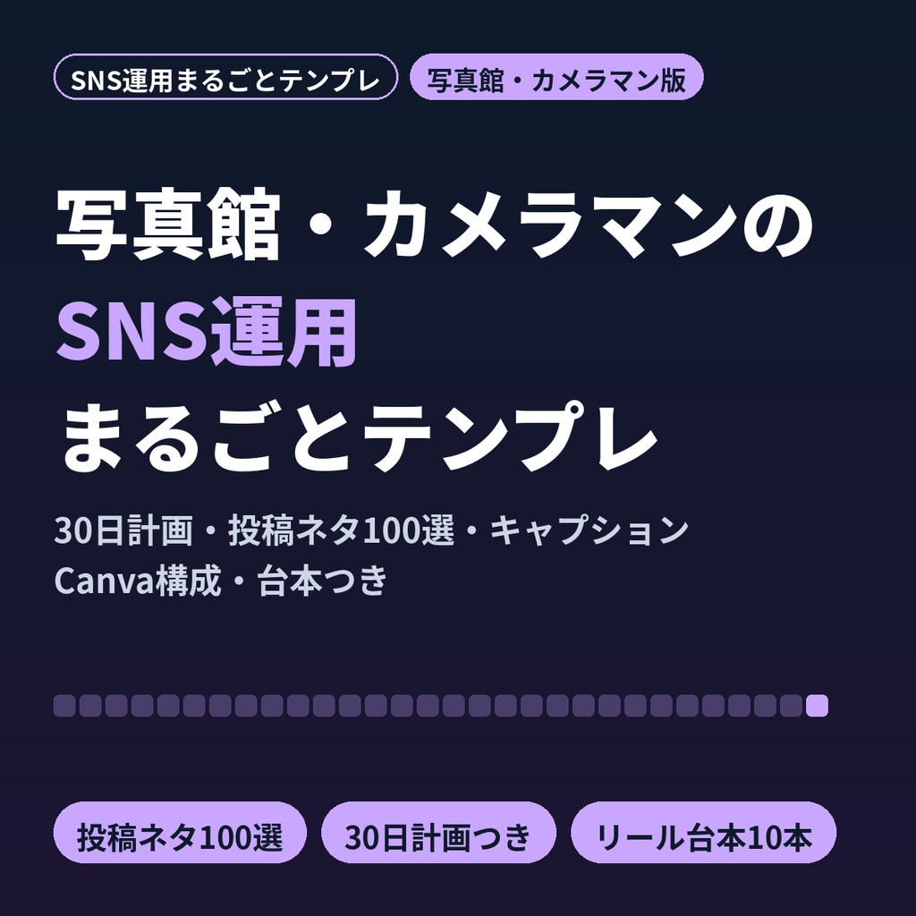 写真館・カメラマンのSNS運用まるごとテンプレ｜30日計画・投稿ネタ100選・Canva構成