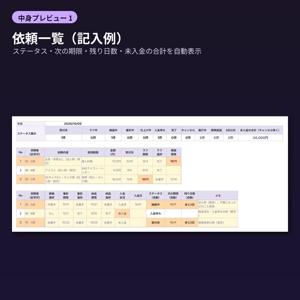 イラスト依頼 コミッション受付テンプレート 依頼要項・文例40・依頼管理表Excel