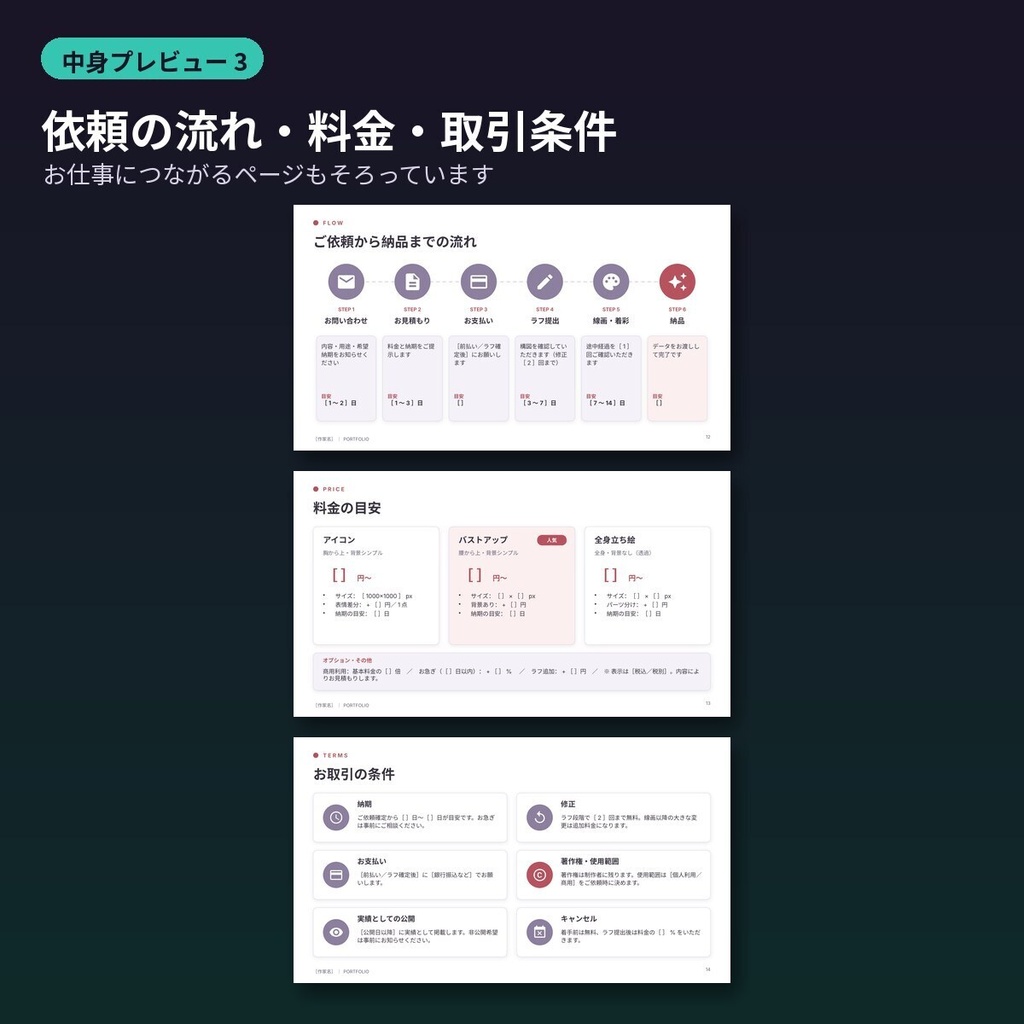 ポートフォリオ テンプレート イラスト PowerPoint 自己紹介文30・取引条件