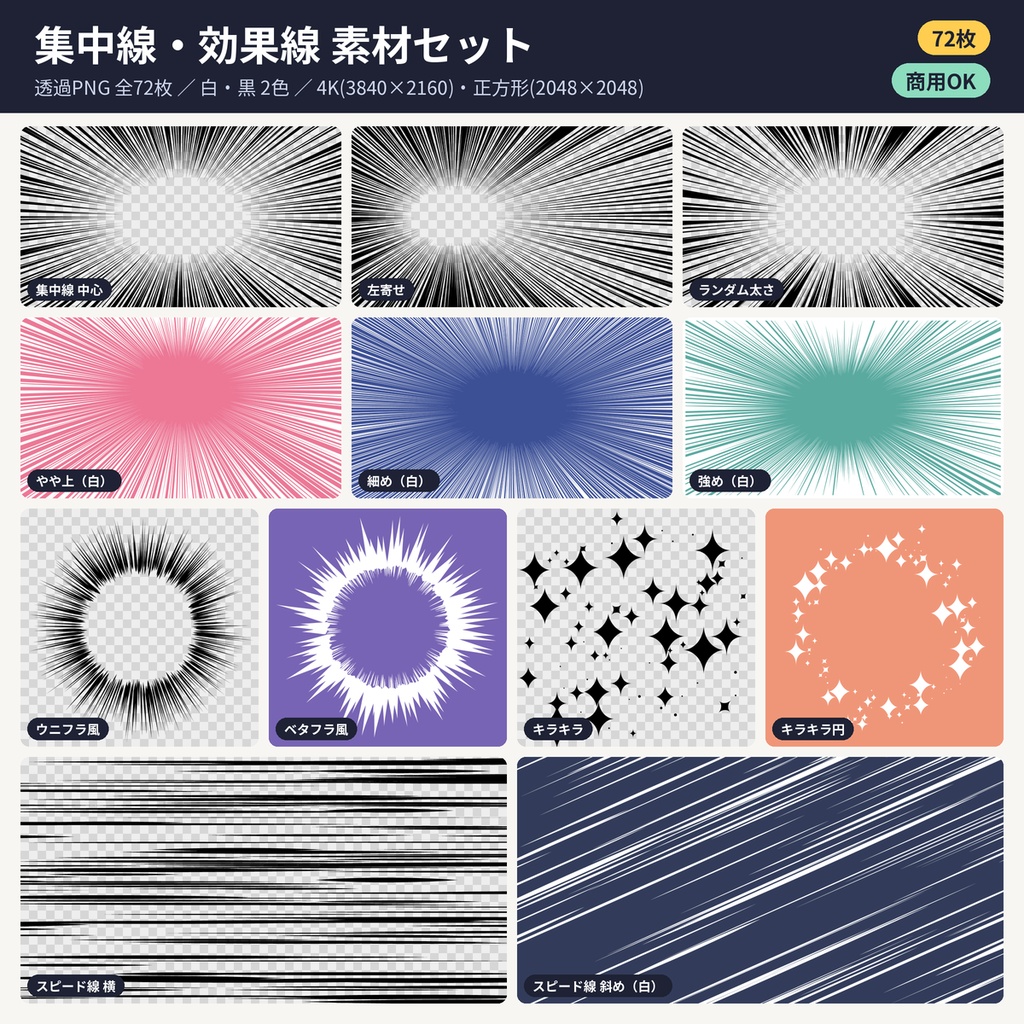 集中線・効果線素材72枚 透過PNG 白黒 漫画/同人/配信/VTuber 商用利用OK
