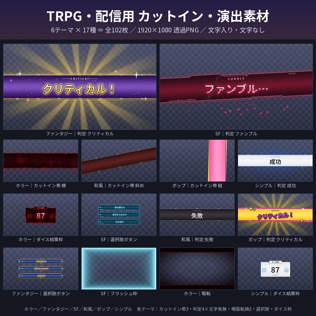 TRPG・配信用カットイン演出素材102枚 判定/ダイス/選択肢 透過PNG 商用利用OK