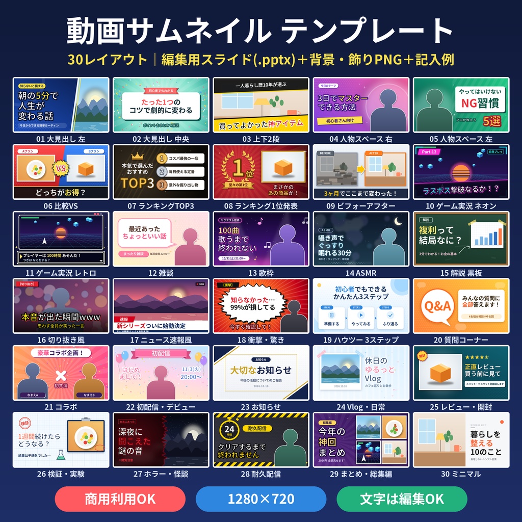 YouTubeサムネ テンプレート30種 パワポ編集 配信 VTuber 商用利用OK