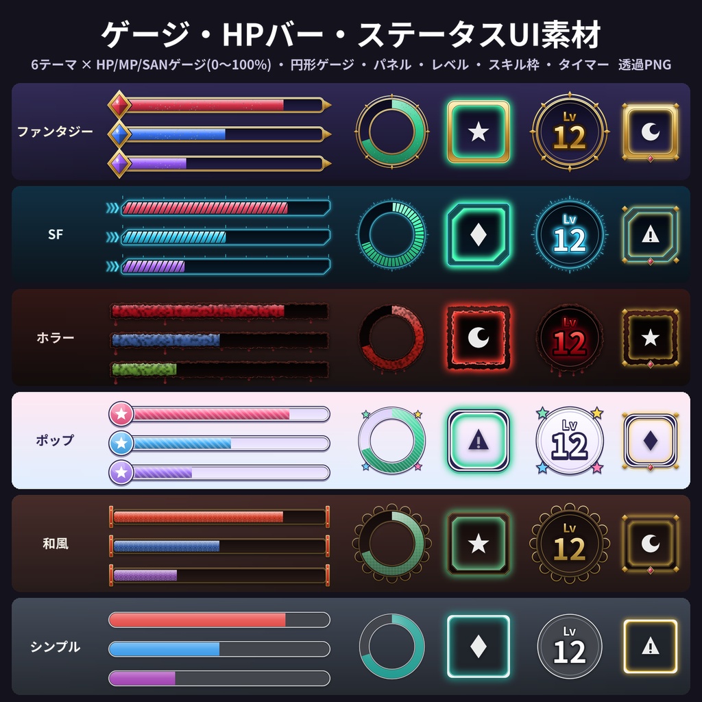 HPバー・ゲージ・ステータスUI素材 TRPG/配信 透過PNG 商用利用OK
