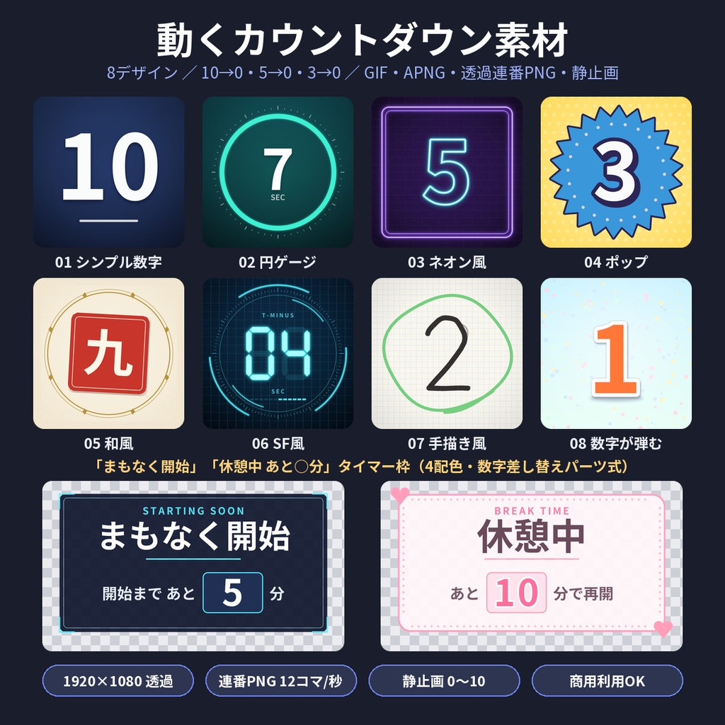 カウントダウン素材8種 透過PNG/GIF 配信 VTuber 動画 タイマー 商用OK