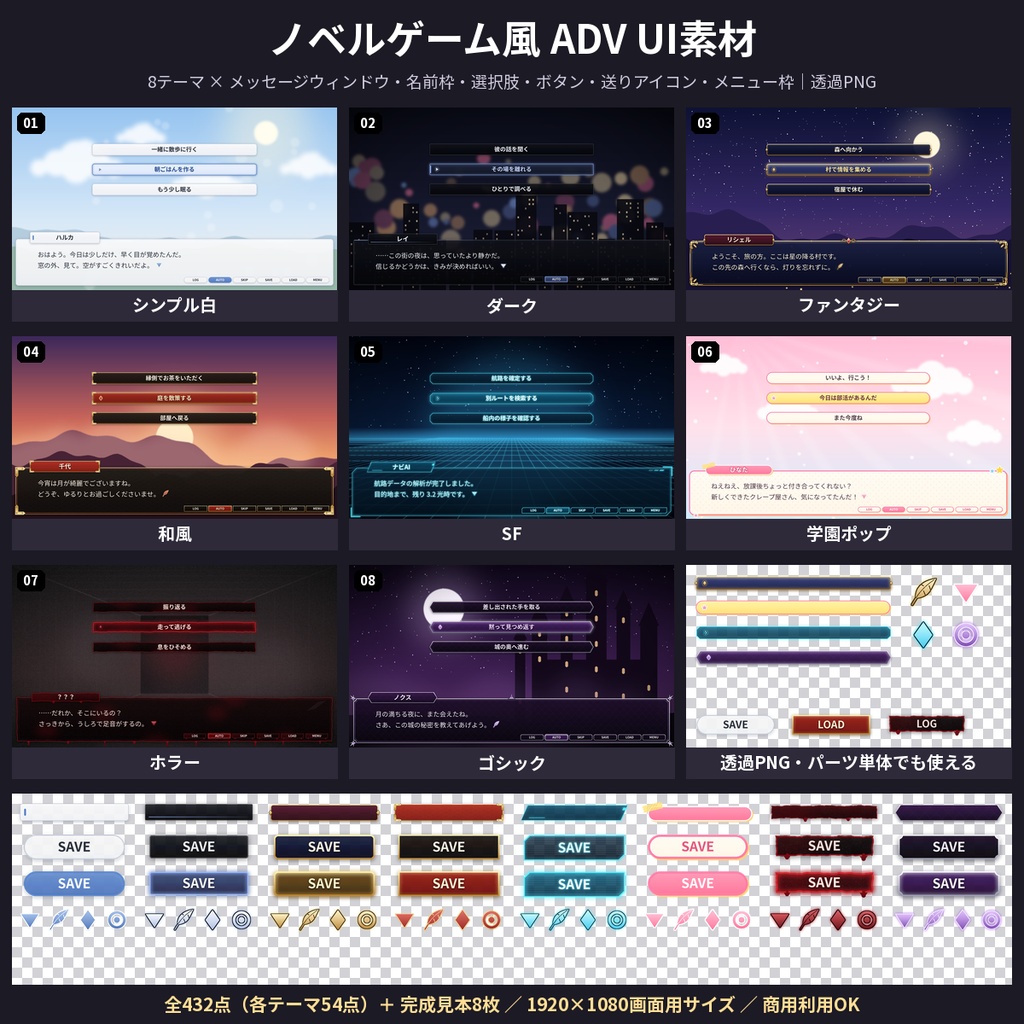 ノベルゲーム風UI素材 メッセージウィンドウ・選択肢 透過PNG 配信/TRPG 商用OK