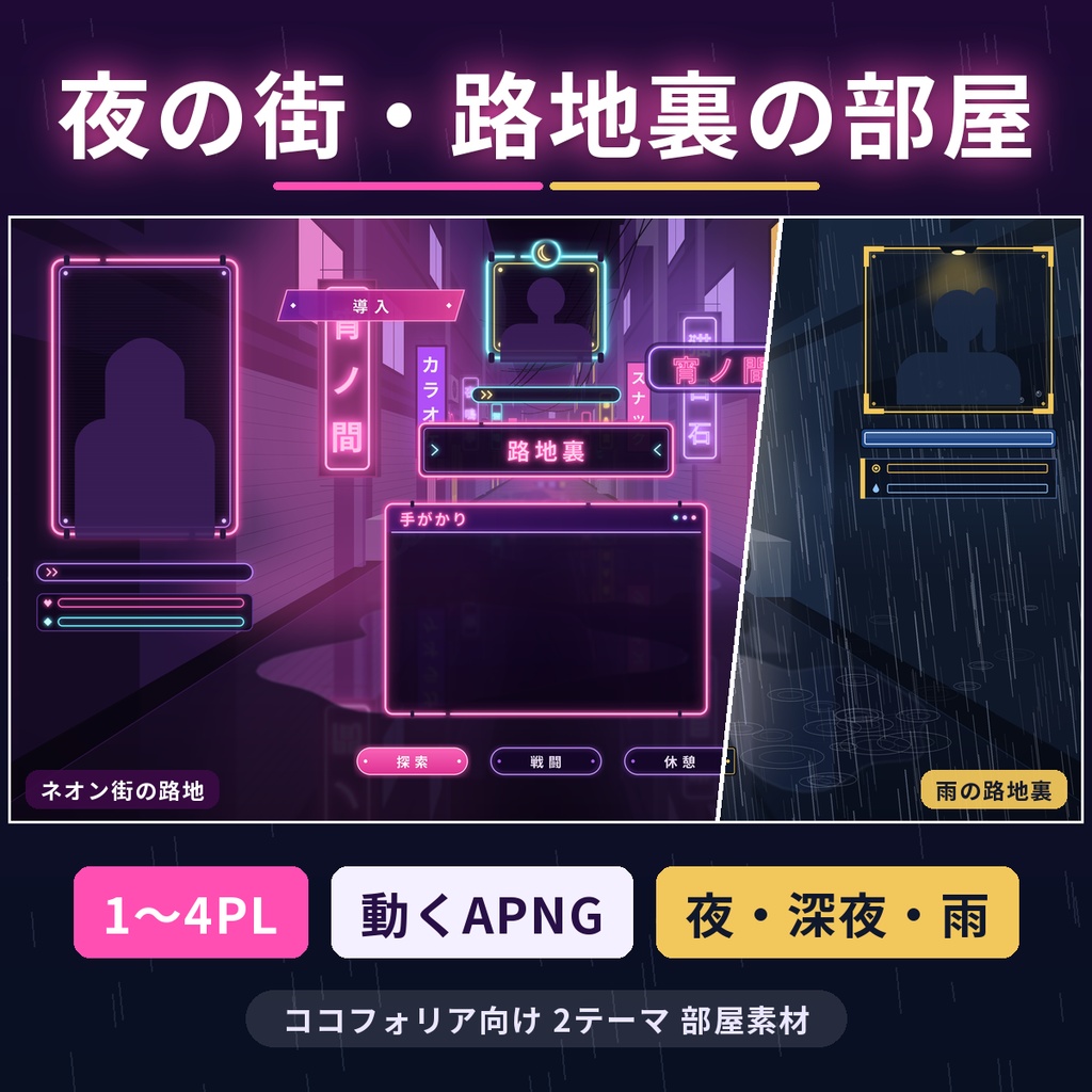 【ココフォリア向け】夜の街・路地裏 部屋素材 1〜4PL 動くAPNG TRPG 商用OK