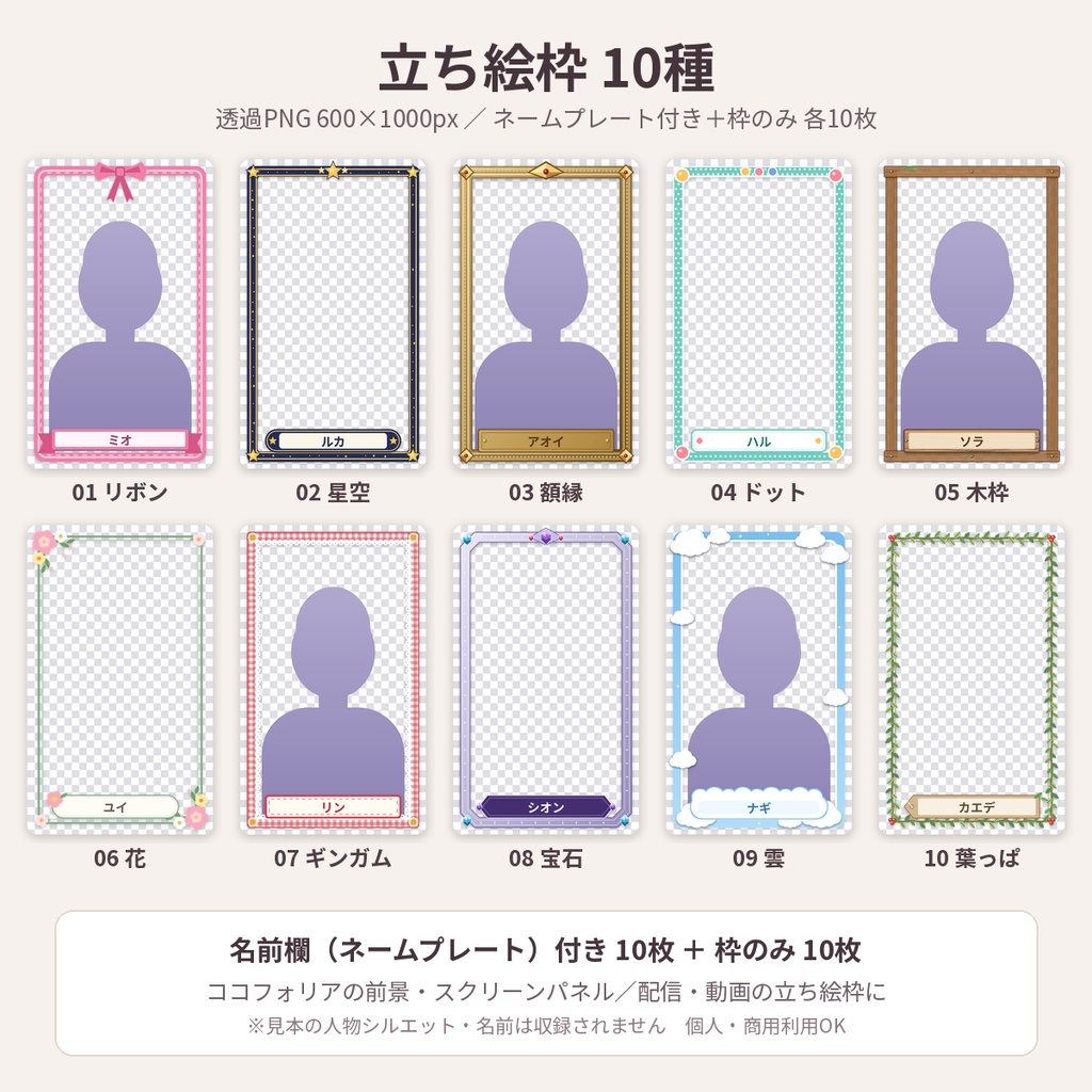 【無料】立ち絵枠10種 名前欄付き 透過PNG ココフォリア TRPG 配信 商用利用OK