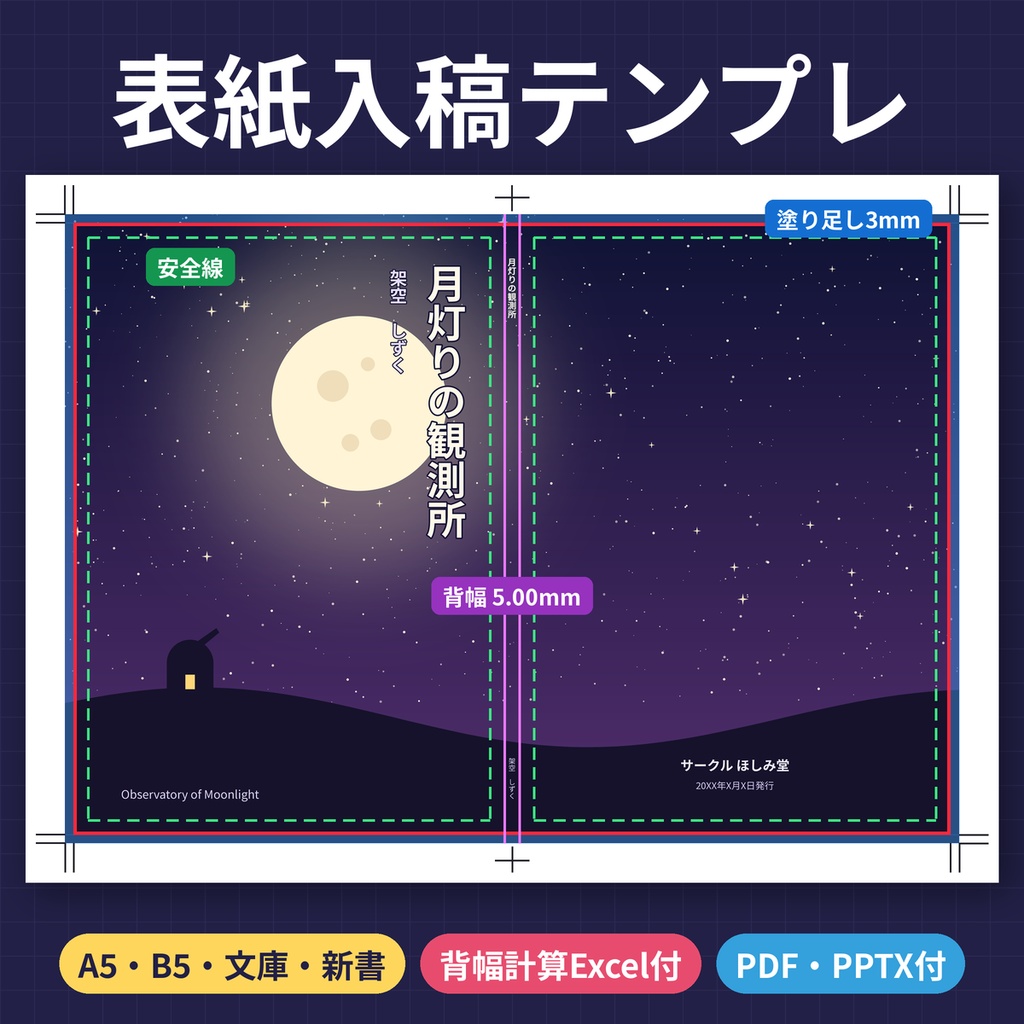 同人誌 表紙 入稿テンプレート トンボ・塗り足し・背幅ガイド付き A5 B5 文庫 新書